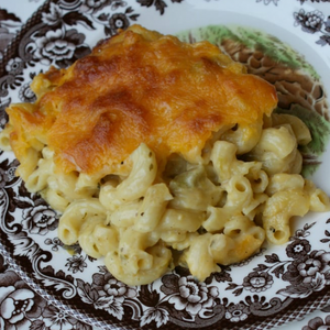 Plate of green chile stew mac and cheese