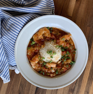 bowl of creole shrimp with rice