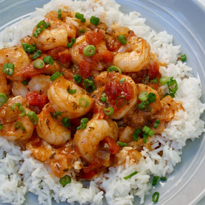 bowl of creole shrimp with rice